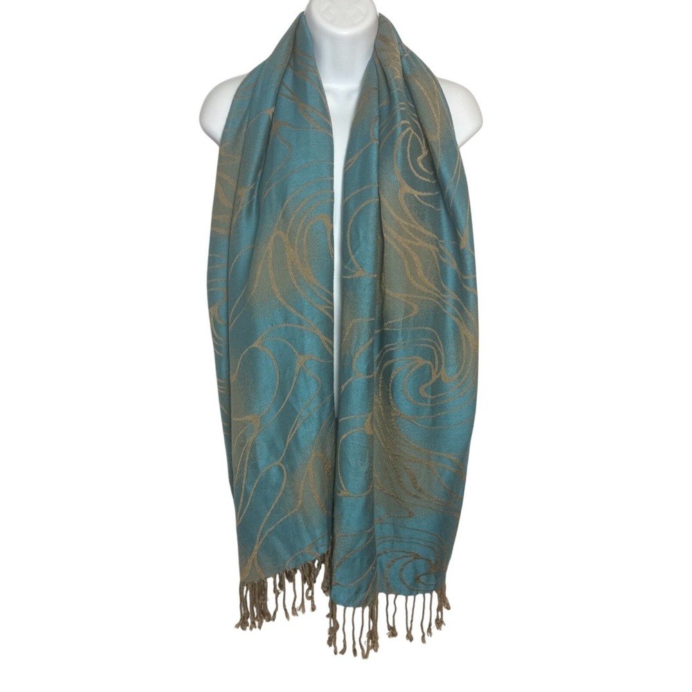 100% Cashmere Womans Blue Tan Fringed Scarf Quite Luxury‎ Artsy Winter Classic